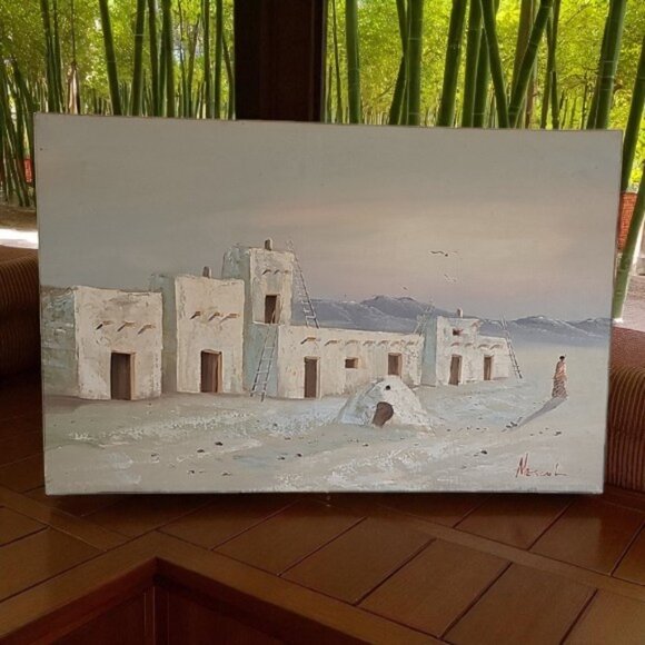 K. Mescal original signed painting Southwest Native American Pueblo 33x21 inches - Picture 2 of 11